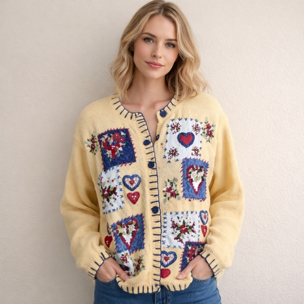 Vtg Heirloom Collectibles Patchwork Cardigan Sweater Rose Embroidery Yellow XL